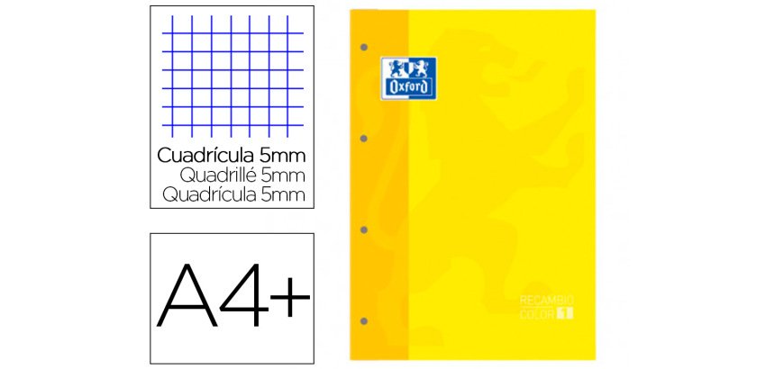 Recambio color 1 oxford A4+ 80 hojas 90 gr cuadro 5 mm 4 taladros color amarillo