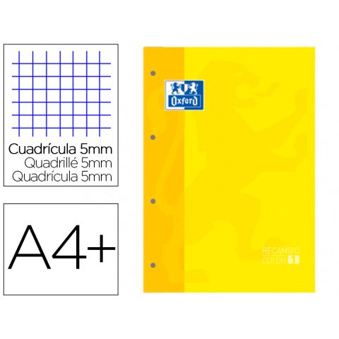 Recambio color 1 oxford A4+ 80 hojas 90 gr cuadro 5 mm 4 taladros color amarillo