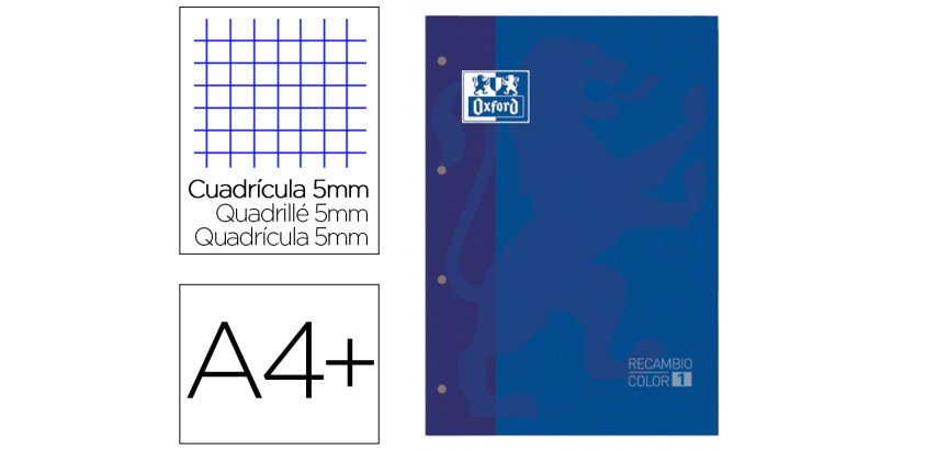 Recambio color 1 oxford A4+ 80 hojas 90 g cuadro 5 mm 4 taladros color azul oscuro