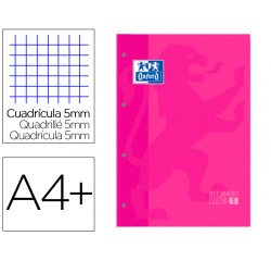 Recambio color 1 oxford A4+ 80 hojas 90 gr cuadro 5 mm 4 taladros color fucsia