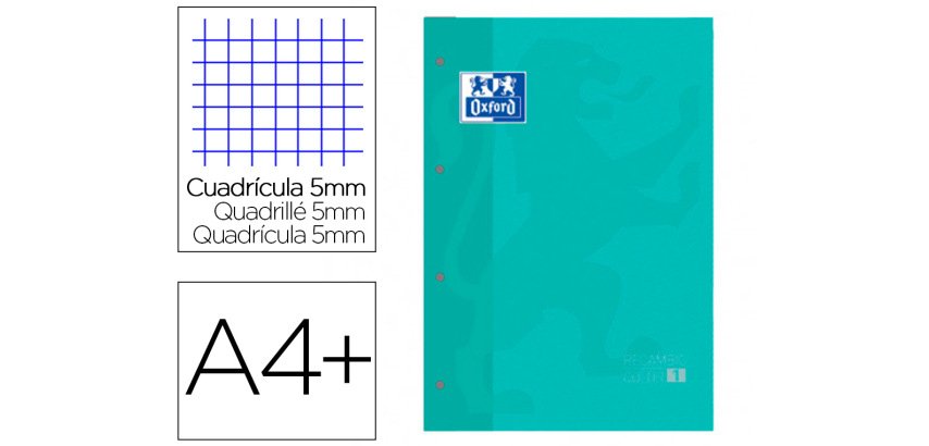 Recambio color 1 oxford A4+ 80 hojas 90 g cuadro 5 mm 4 taladros color ice mint
