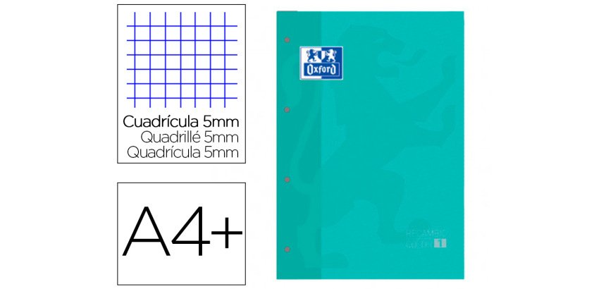 Recambio color 1 oxford A4+ 80 hojas 90 g cuadro 5 mm 4 taladros color ice mint