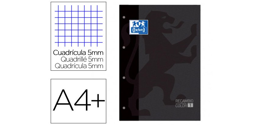 Recambio color 1 oxford A4+ 80 hojas 90 g cuadro 5 mm 4 taladros color negro
