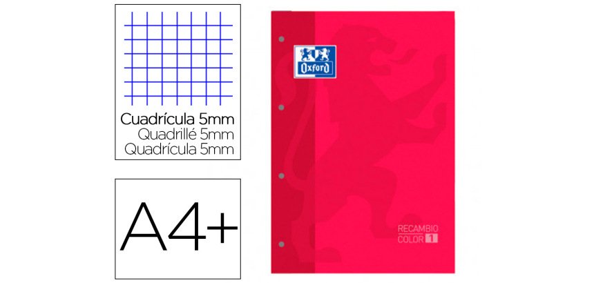 Recambio color 1 oxford A4+ 80 hojas 90 gr cuadro 5 mm 4 taladros color rojo