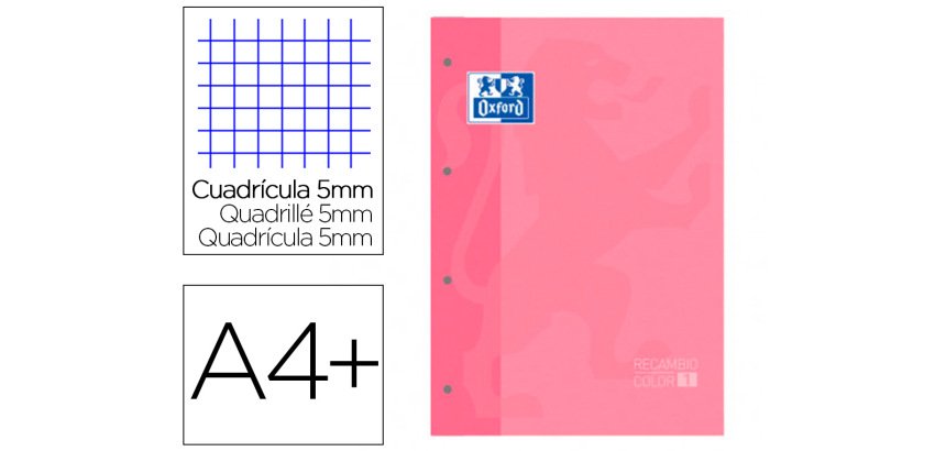 Recambio color 1 oxford din a4+ 80 hojas 90 gr cuadro 5 mm 4 taladros color rosa chicle