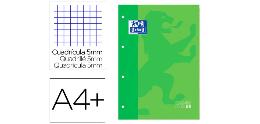 Recambio color 1 oxford A4+ 80 hojas 90 g cuadro 5 mm 4 taladros color verde manzana
