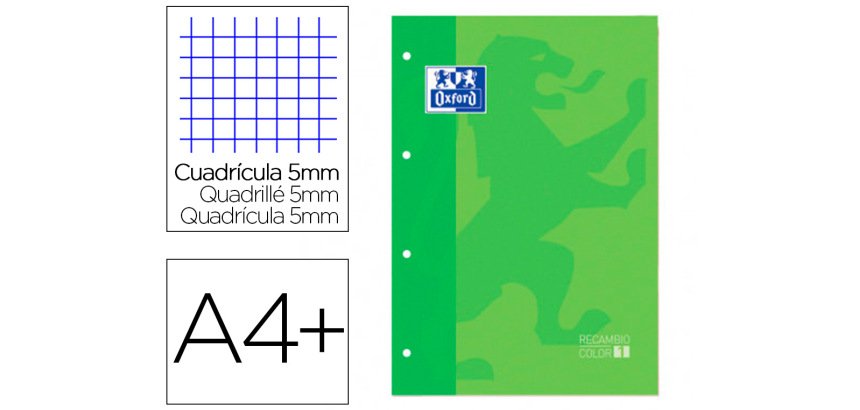 Recambio color 1 oxford A4+ 80 hojas 90 g cuadro 5 mm 4 taladros color verde manzana