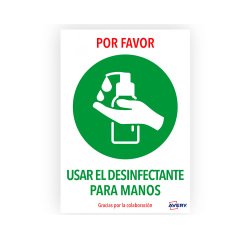 Señal adhesiva avery usar el desinfectante para las manos din a4 resistente a los rayos uv pack de 2 unidades