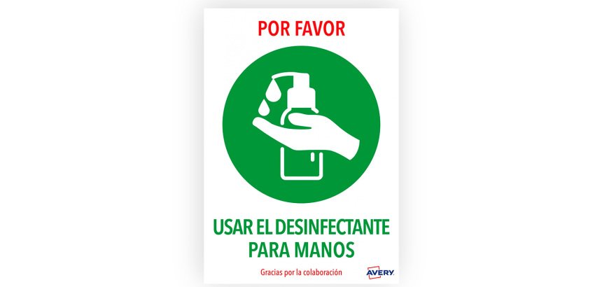 Señal adhesiva avery usar el desinfectante para las manos din a4 resistente a los rayos uv pack de 2 unidades
