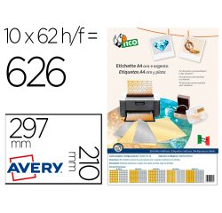 Etiqueta adhesiva tico papel satinado oro / plata laser medidas surtidas caja de 626 unidades