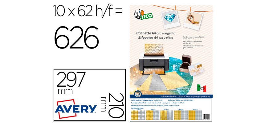 Etiqueta adhesiva tico papel satinado oro / plata laser medidas surtidas caja de 626 unidades