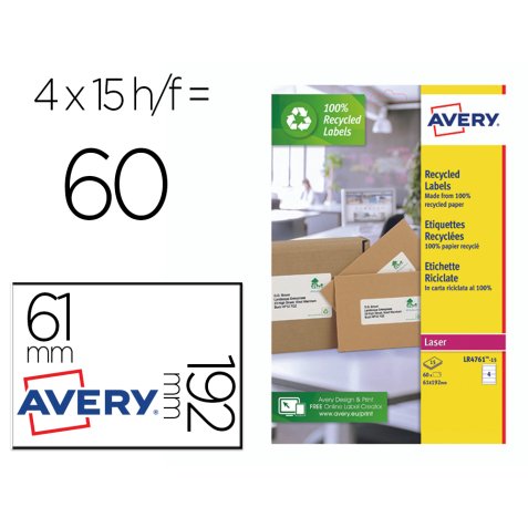 Etiqueta adhesiva avery papel blanco reciclado para archivador 192x61 mm laser pack de 400 etiquetas