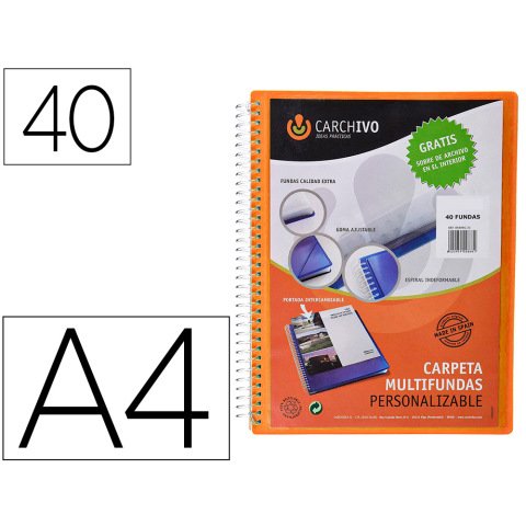 Carpeta carchivo archivex polipropileno canguro naranja escaparate con espiral 40 fundas cierre gomas din a4