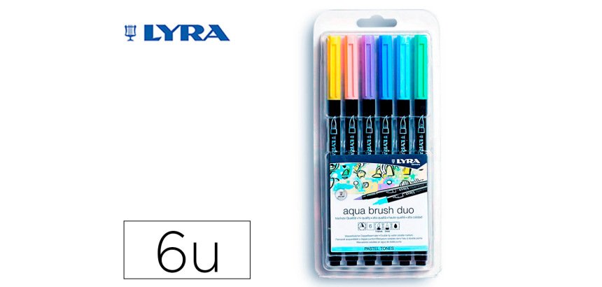 Rotulador lyra aqua brush acuarelable doble punta y pincel tonos pastel blister de 6 unidades surtidas