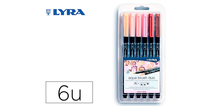 Rotulador lyra aqua brush acuarelable doble punta y pincel tonos piel blister de 6 unidades surtidas