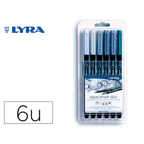 Rotulador lyra aqua brush acuarelable doble punta y pincel tonos grises blister de 6 unidades surtidas