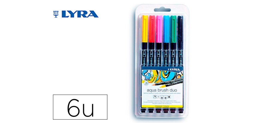 Rotulador lyra aqua brush acuarelable doble punta y pincel tonos primarios blister de 6 unidades