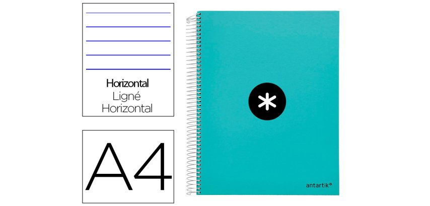 Cuaderno espiral a4 micro antartik tapa forrada 120h 90 gr horizontal 5 bandas 4 taladores color menta