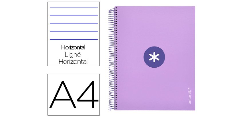 Cuaderno espiral a4 micro antartik tapa forrada 120h 90 gr horizontal 5 bandas 4 taladros color lavanda