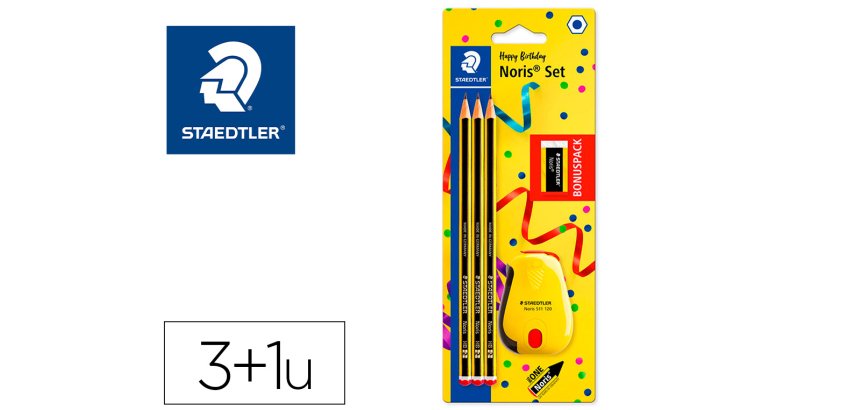 Lapices de grafito staedtler noris n.2 hb blister promocional 120 anivers de 3 uds + afilalapiz con deposito