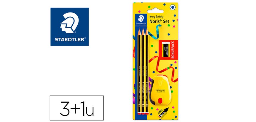 Lapices de grafito staedtler noris n.2 hb blister promocional 120 anivers de 3 uds + afilalapiz con deposito