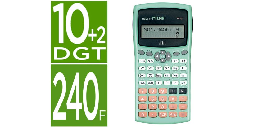 Calculadora milan cientifica m240 silver 2 lineas 240 funciones 10+2 digitos color verde turquesa con tapa color