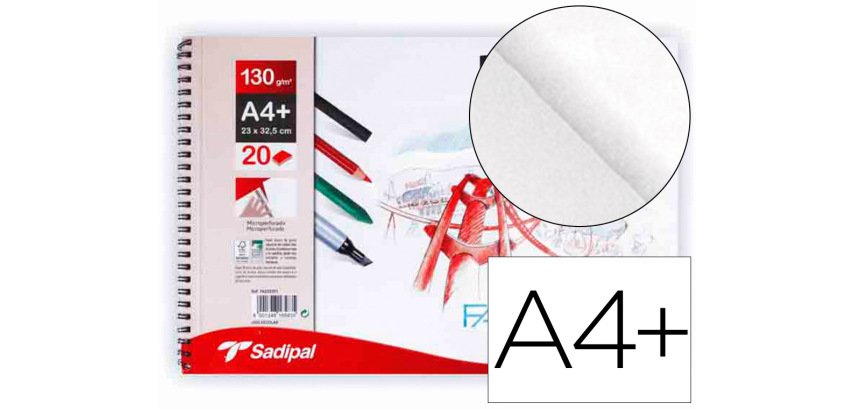 Bloc dibujo sadipal fabriano din a4+ espiral 20 hojas 130g/m2 grano suave microperforado liso
