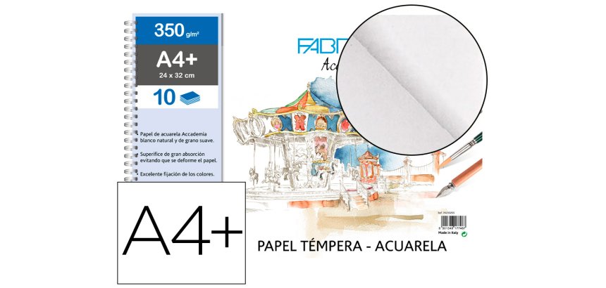 Bloc dibujo acuarela sadipal fabriano espiral din a4+ 10 hojas 350 g/m2 grano suave