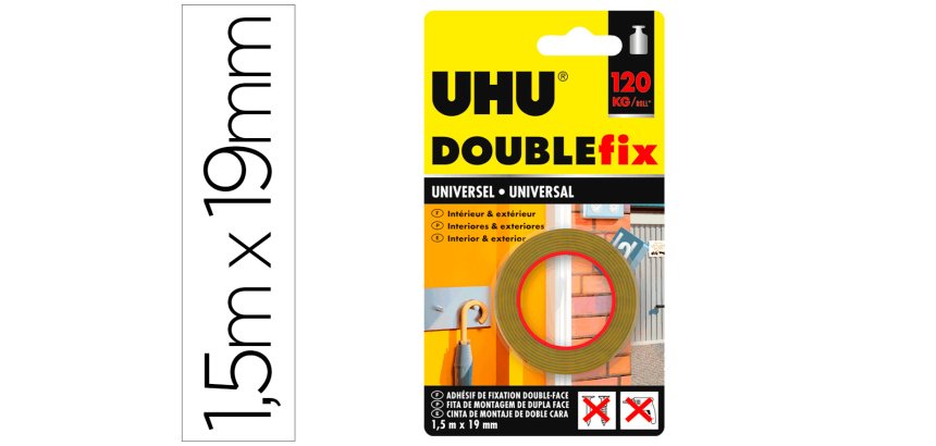 Cinta adhesiva uhu doublefix marron doble cara extra fuerte 1,5 m x 19 mm
