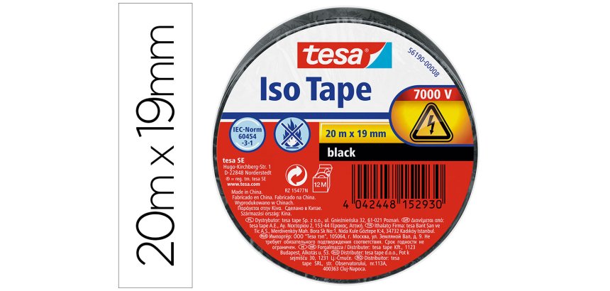 Cinta adhesiva aislante tesa 20 mt x 19 mm color negro