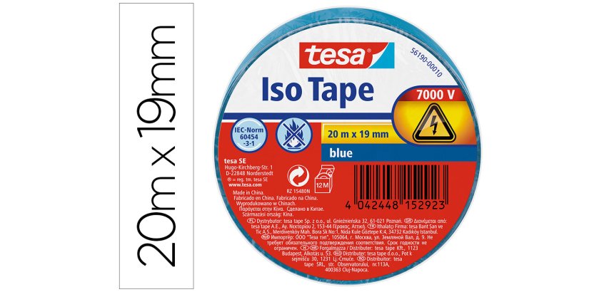 Cinta adhesiva aislante tesa 20 mt x 19 mm color azul