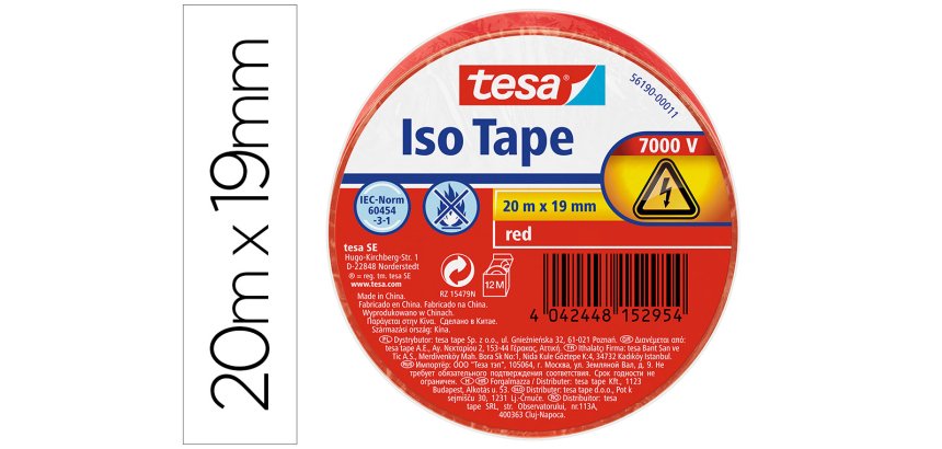 Cinta adhesiva aislante tesa 20 mt x 19 mm color rojo