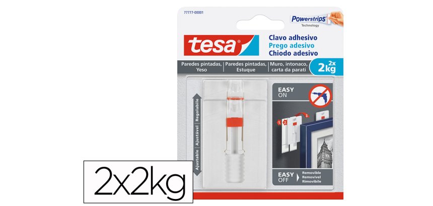 Clavo autoadhesivo tesa sujecion hasta 2 kg uso paredes pintadas removible blister de 2 unidades