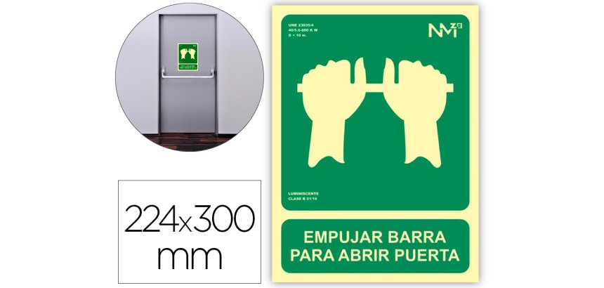 Pictograma archivo 2000 empujar barra para abrir puerta pvc verde luminiscente 224x300 mm