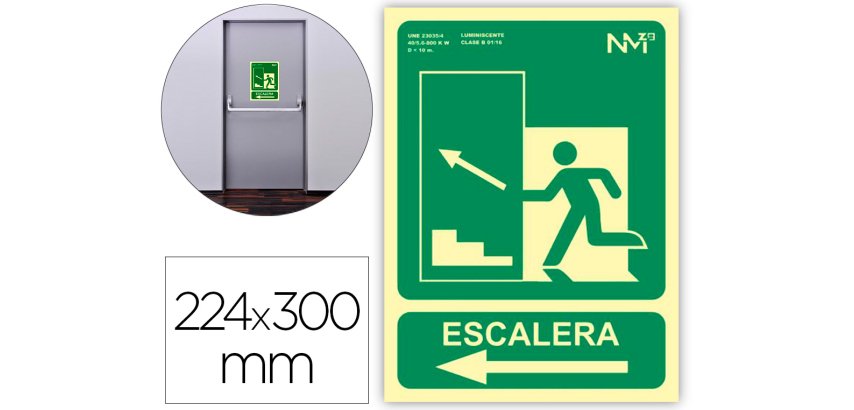 Pictograma archivo 2000 salida emergencia escalera sube izquierda pvc verde luminiscente 224x300 mm