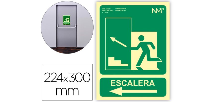 Pictograma archivo 2000 salida emergencia escalera sube izquierda pvc verde luminiscente 224x300 mm