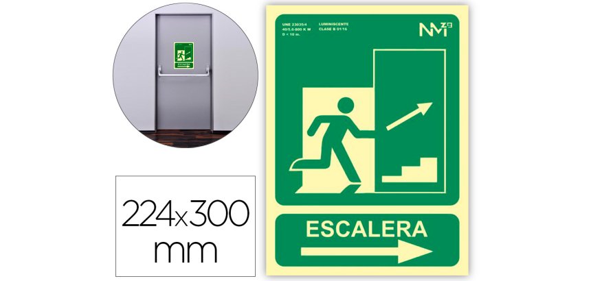 Pictograma archivo 2000 salida emergencia escalera sube derecha pvc verde luminiscente 224x300 mm