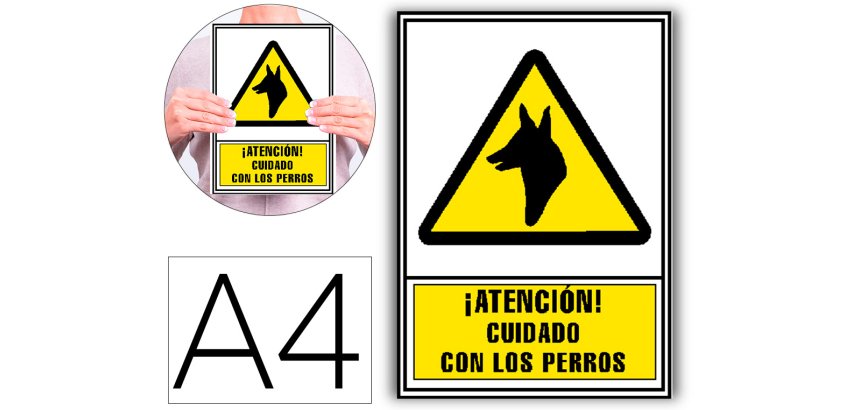 Pictograma archivo 2000 atencion cuidado con los perros pvc amarillo luminiscente 210x297 mm