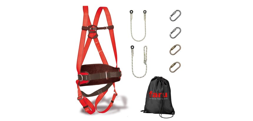 Conjunto trabajo en alturas Faru arnés p50f + cuerda c170 + 2 mosquetones virola + cuerda regulable c169