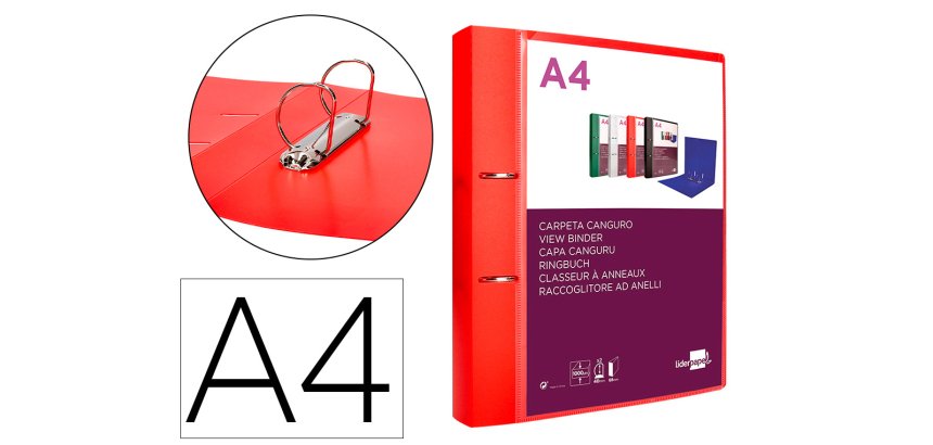 Carpeta liderpapel canguro 2 anillas 40 mm mixtas polipropileno din a4 rojo translucido