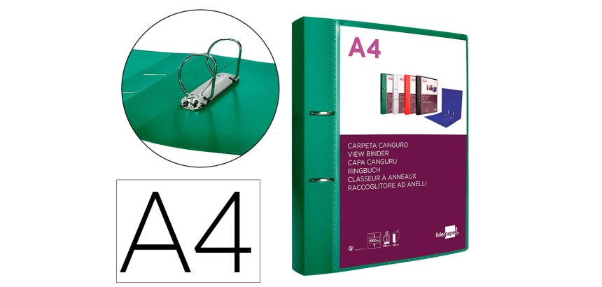 Carpeta liderpapel canguro 2 anillas 40 mm mixtas polipropileno din a4 verde translucido
