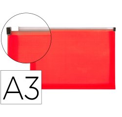 Carpeta dossier liderpapel a3 cierre de cremallera rojo translucido