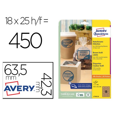 Etiqueta adhesiva avery kraft efecto carton ovalada 63,5x42,3 mm removible laser ink-jet caja de 320 unidades