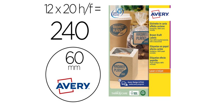 Etiqueta adhesiva avery kraft efecto carton redonda 60 mm removible para laser ink-jet caja de 300 unidades