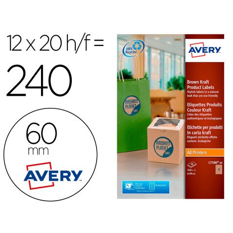 Etiqueta adhesiva avery kraft efecto carton redonda 60 mm removible para laser ink-jet caja de 300 unidades