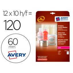 Etiqueta adhesiva avery brillante invisible redonda laser 60 mm caja de 120 unidades