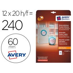 Etiqueta adhesiva avery blanca redonda removible para laser ink-jet fotocopiadora 60 mm caja de 240 unidades