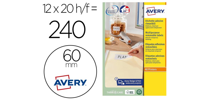 Etiqueta adhesiva avery blanca redonda removible para laser ink-jet fotocopiadora 60 mm caja de 240 unidades