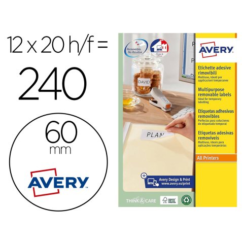 Etiqueta adhesiva avery blanca redonda removible para laser ink-jet fotocopiadora 60 mm caja de 240 unidades