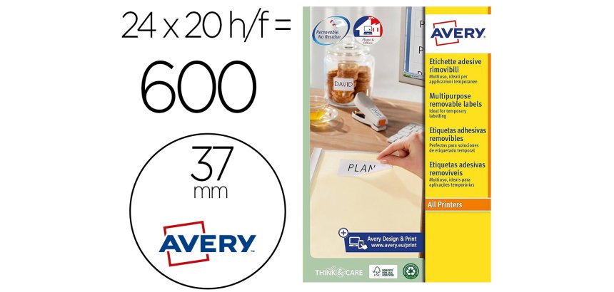 Etiqueta adhesiva avery blanca redonda removible para laser ink-jet fotocopiadora 37 mm caja de 600 unidades